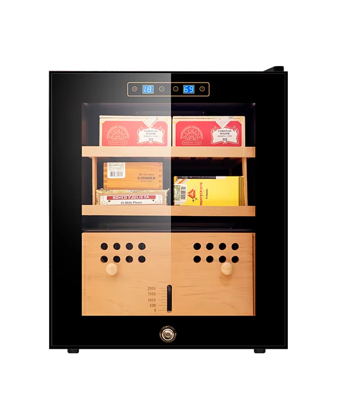 La Saintos Vault 48 electric cigar humidor with cedar shelves and glass door