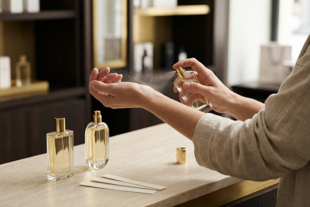 Testing perfume on blotter and skin before choosing a fragrance